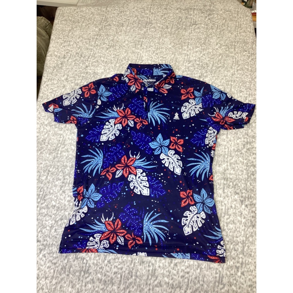 Chubbies Mens The Backyard Bouquet Range Polo Navy Floral Tropical Shirt Medium.